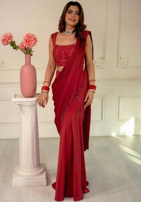 Bright Red Hand Work Sequin Pre Draped Saree Set