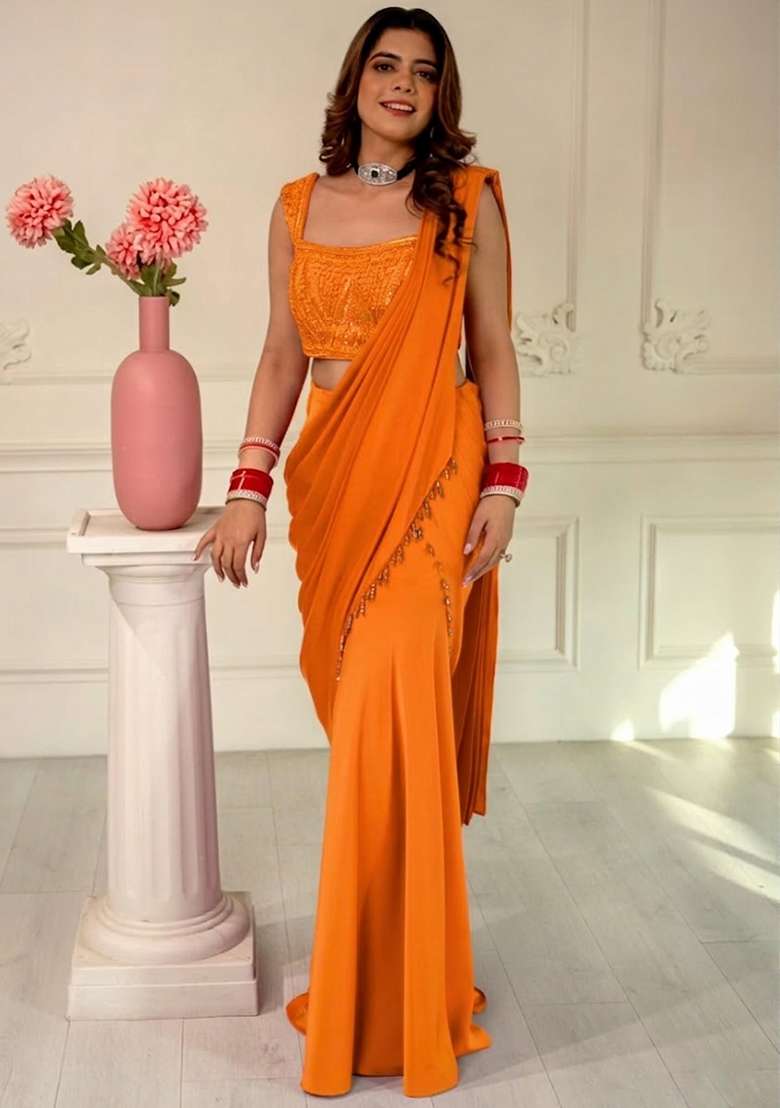 Burnt Orange Hand Work Sequin Pre Draped Saree Set - Indya
