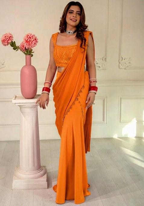 Burnt Orange Hand Work Sequin Pre Draped Saree Set