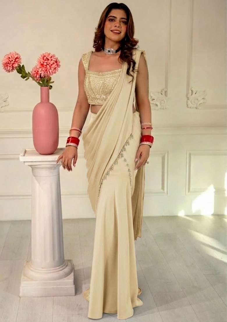 Light Green Hand Work Sequin Pre Draped Saree Set - Indya