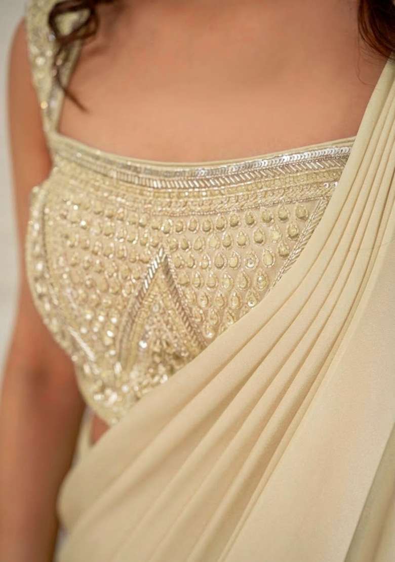 Light Green Hand Work Sequin Pre Draped Saree Set - Indya