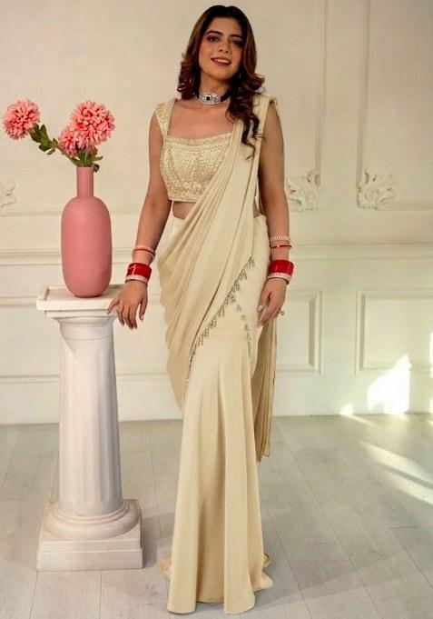 Light Green Hand Work Sequin Pre Draped Saree Set