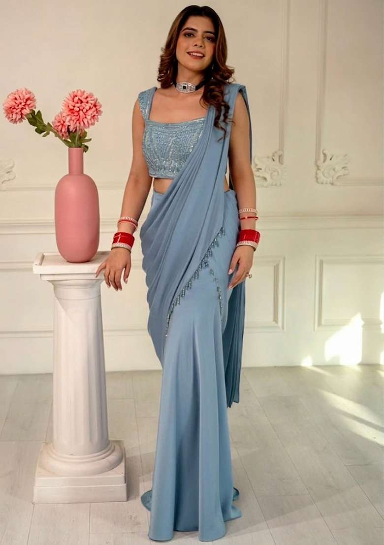 Light Blue Hand Work Sequin Pre Draped Saree Set - Indya