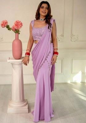 Cream Hand Work Sequin Pre Draped Saree Set