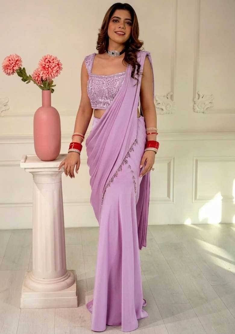 Cream Hand Work Sequin Pre Draped Saree Set - Indya