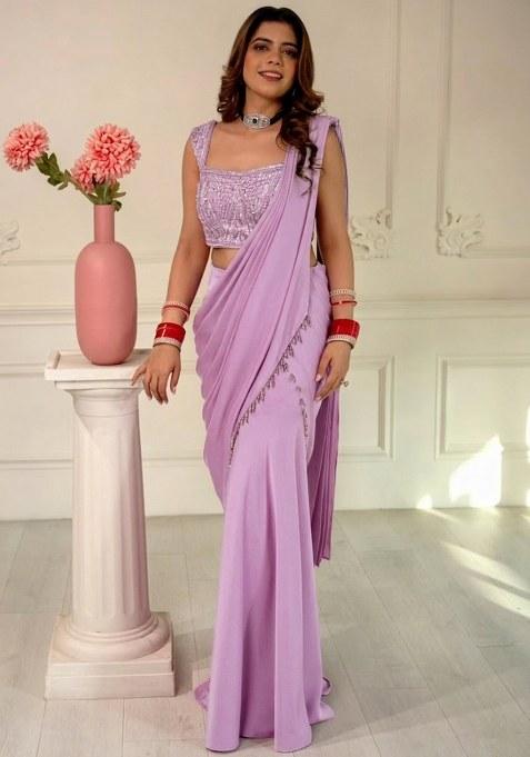 Cream Hand Work Sequin Pre Draped Saree Set