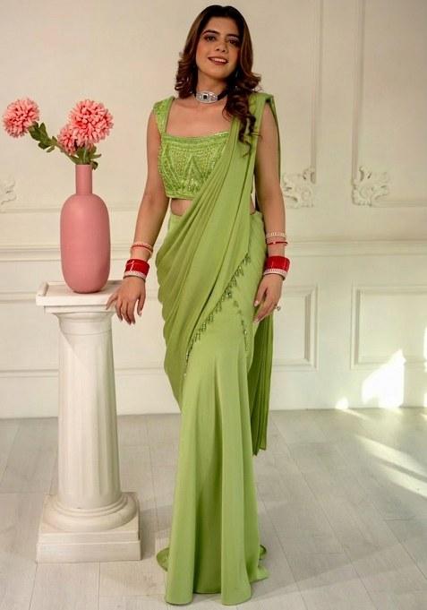 Green Hand Work Sequin Pre Draped Saree Set