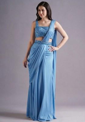 Powder Blue Hand Work Embroidered Pre Draped Saree Set
