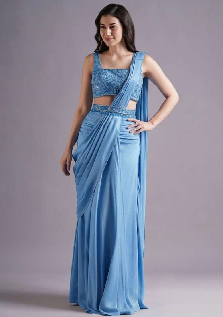 Powder Blue Hand Work Embroidered Pre Draped Saree Set - Indya