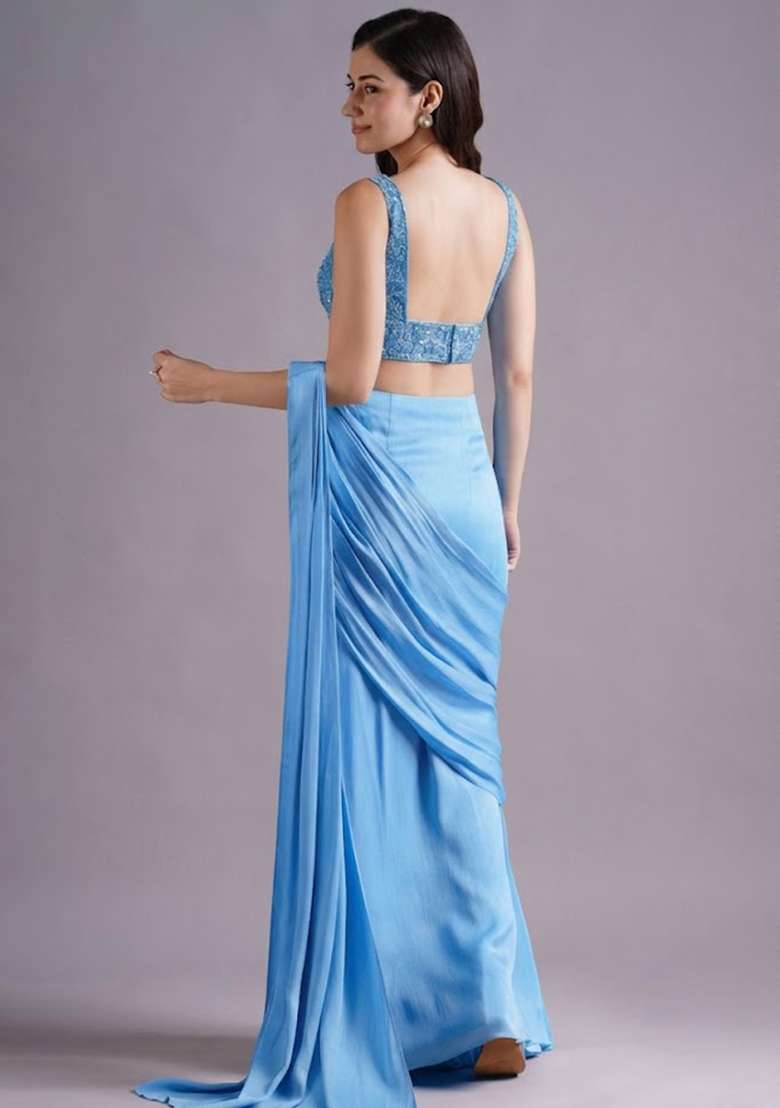 Powder Blue Hand Work Embroidered Pre Draped Saree Set - Indya