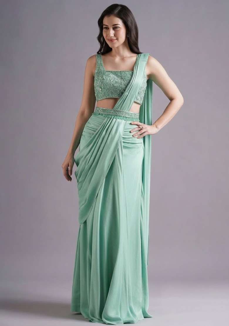 Green Hand Work Embroidered Pre Draped Saree Set - Indya