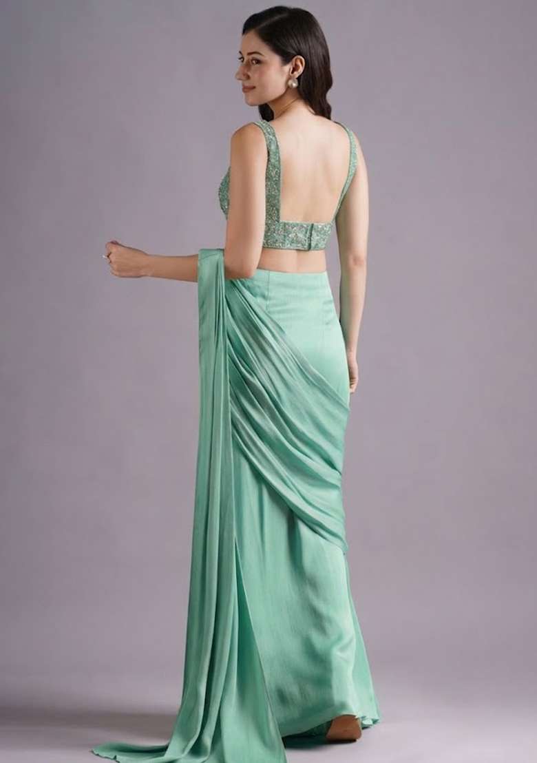 Green Hand Work Embroidered Pre Draped Saree Set - Indya