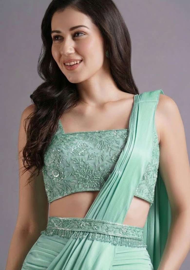 Green Hand Work Embroidered Pre Draped Saree Set - Indya