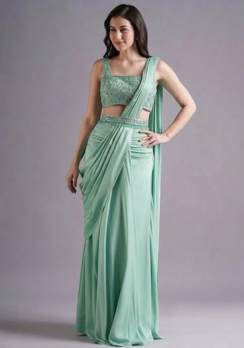 Green Hand Work Embroidered Pre Draped Saree Set