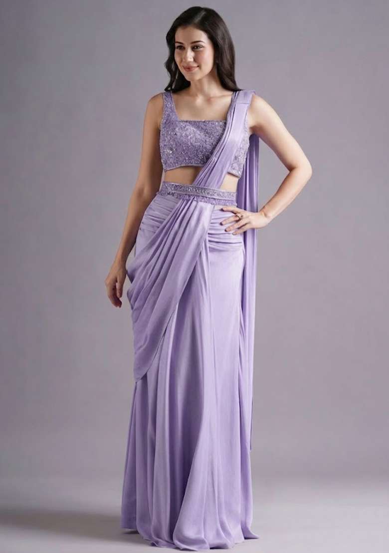 Lavender Hand Work Embroidered Pre Draped Saree Set - Indya