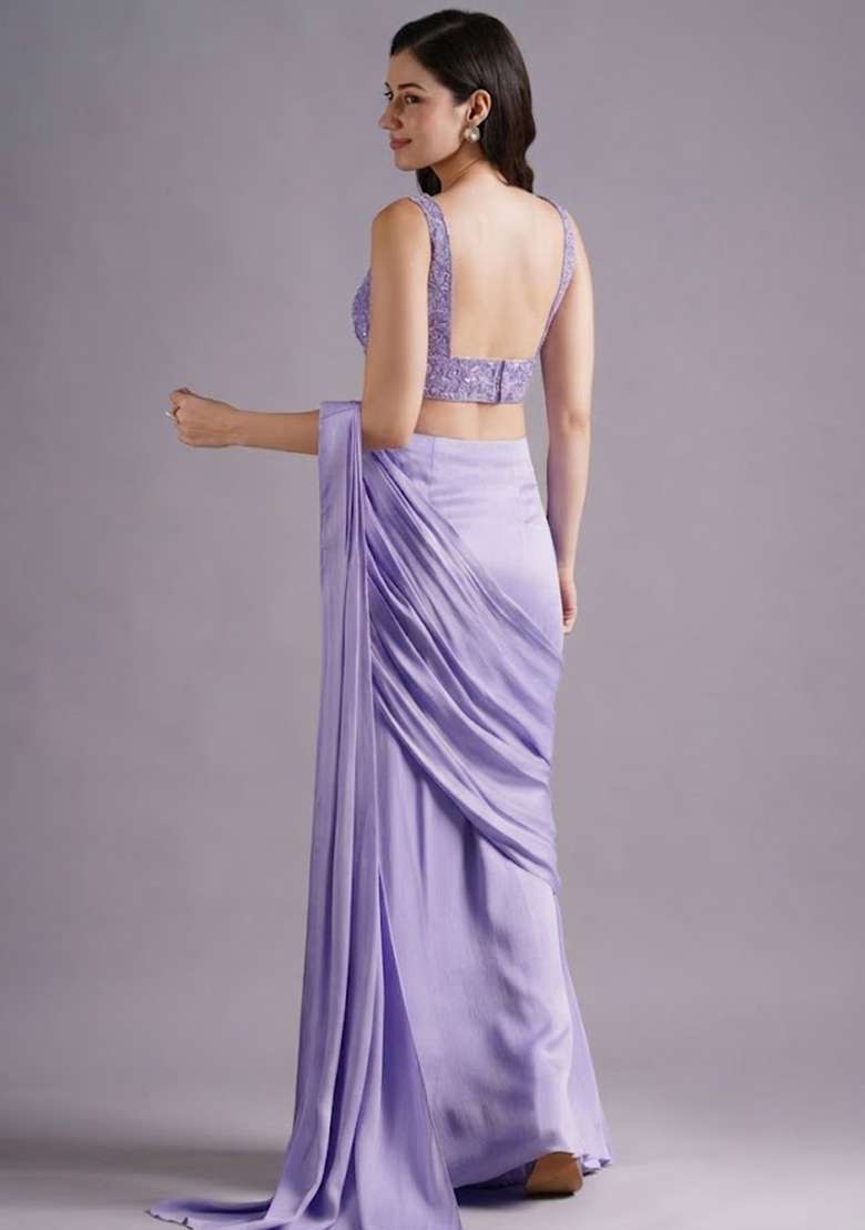 Lavender Hand Work Embroidered Pre Draped Saree Set - Indya