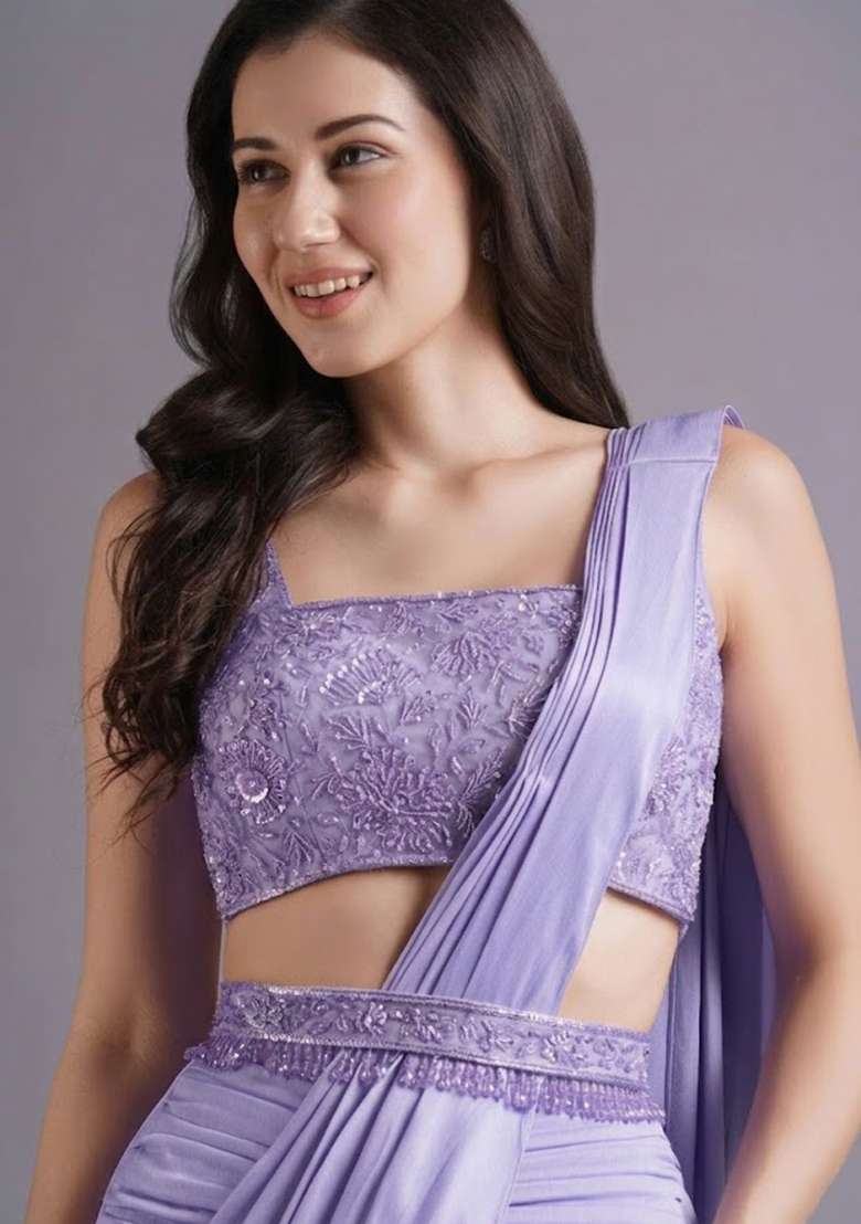 Lavender Hand Work Embroidered Pre Draped Saree Set - Indya