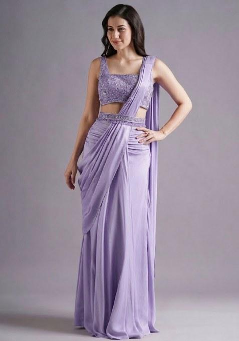 Lavender Hand Work Embroidered Pre Draped Saree Set