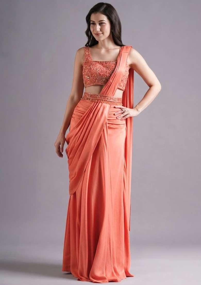 Peach Hand Work Embroidered Pre Draped Saree Set - Indya