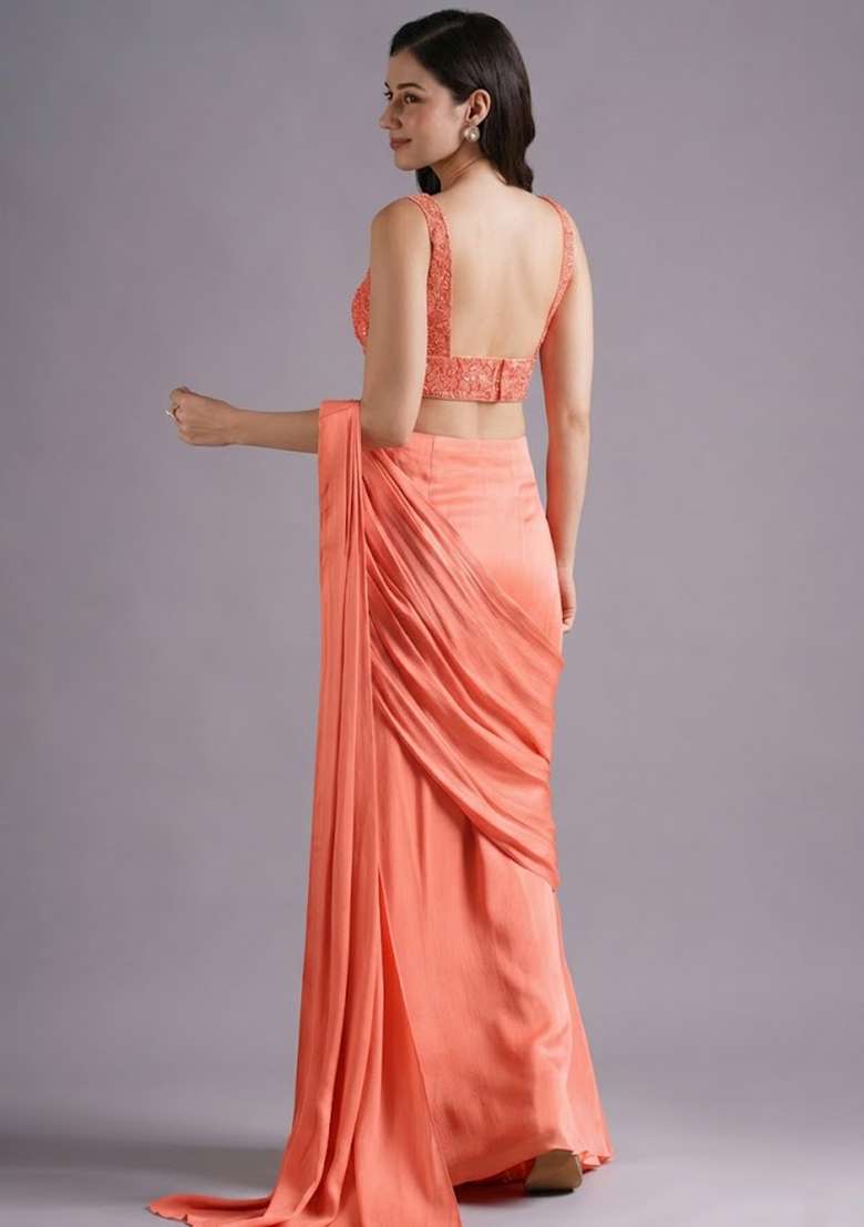 Peach Hand Work Embroidered Pre Draped Saree Set - Indya