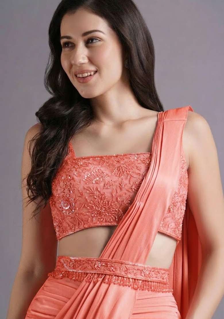 Peach Hand Work Embroidered Pre Draped Saree Set - Indya