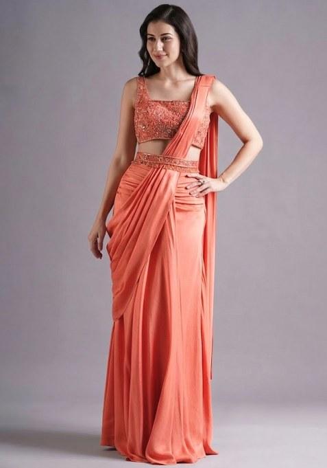 Peach Hand Work Embroidered Pre Draped Saree Set