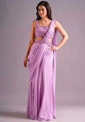 Pink Hand Work Embroidered Pre Draped Saree Set