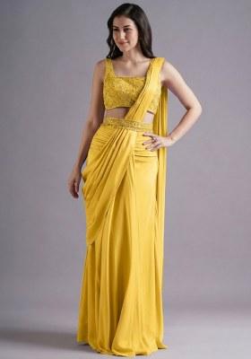 Yellow Hand Work Embroidered Pre Draped Saree Set