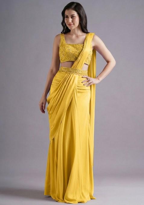 Yellow Hand Work Embroidered Pre Draped Saree Set