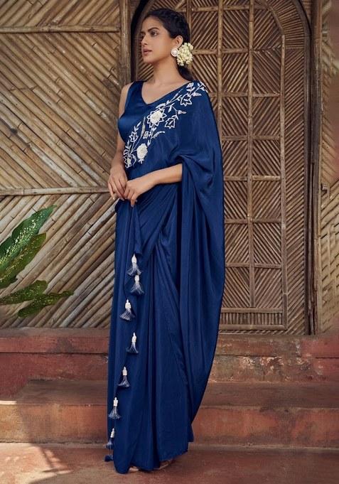 Blue Hand Work Embroidered Pre Draped Saree Set