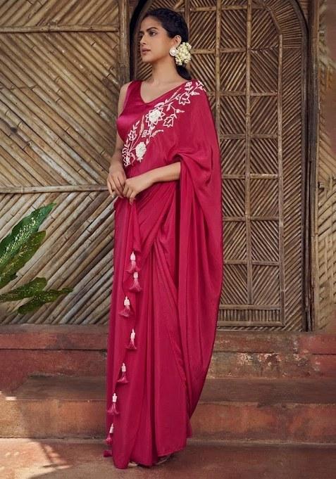 Hot Pink Hand Work Embroidered Pre Draped Saree Set