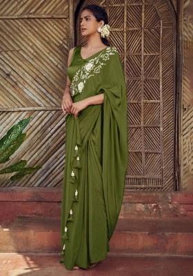 Olive Green Hand Work Embroidered Pre Draped Saree Set