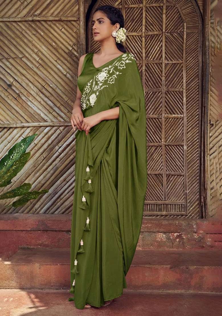 Olive Green Hand Work Embroidered Pre Draped Saree Set - Indya