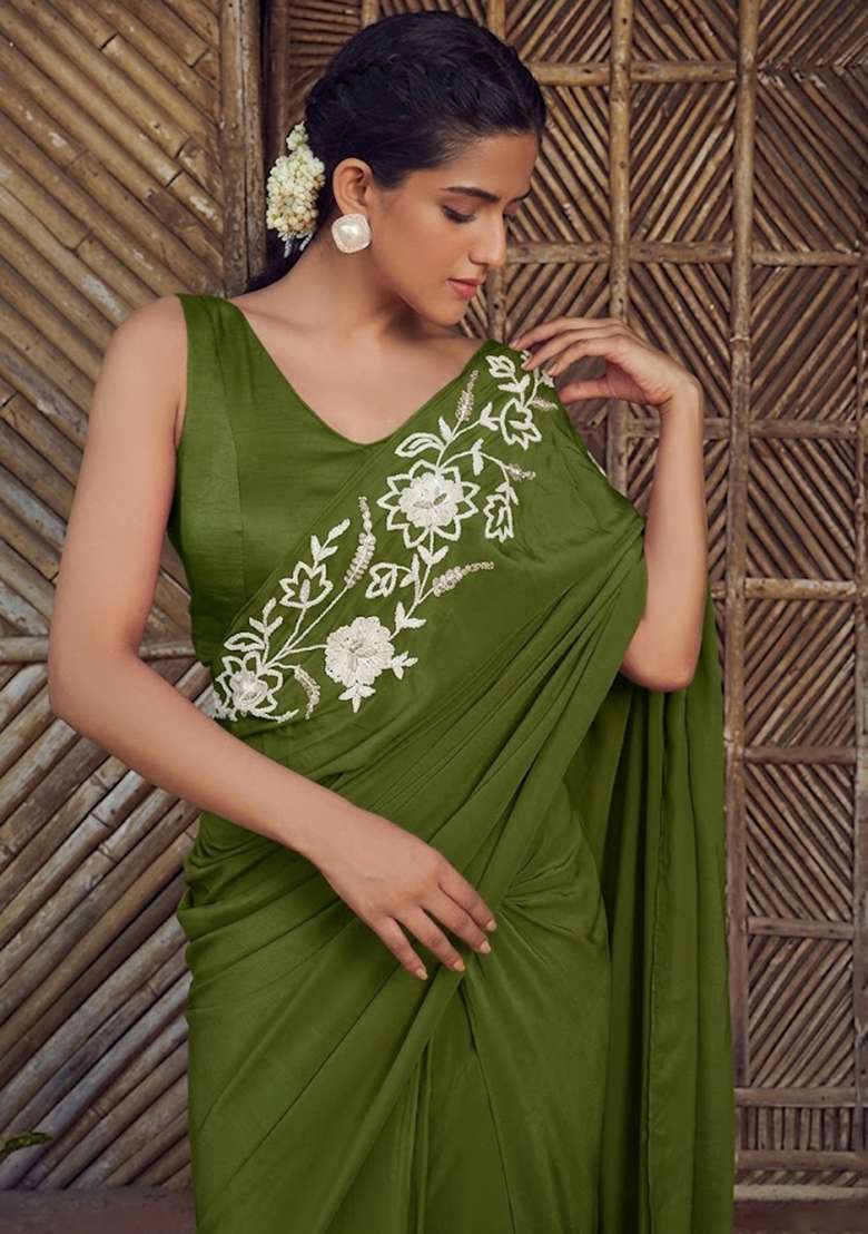 Olive Green Hand Work Embroidered Pre Draped Saree Set - Indya