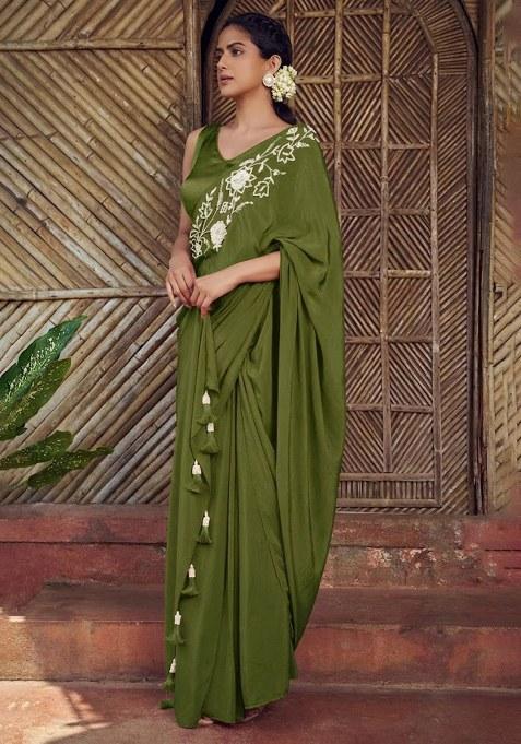 Olive Green Hand Work Embroidered Pre Draped Saree Set