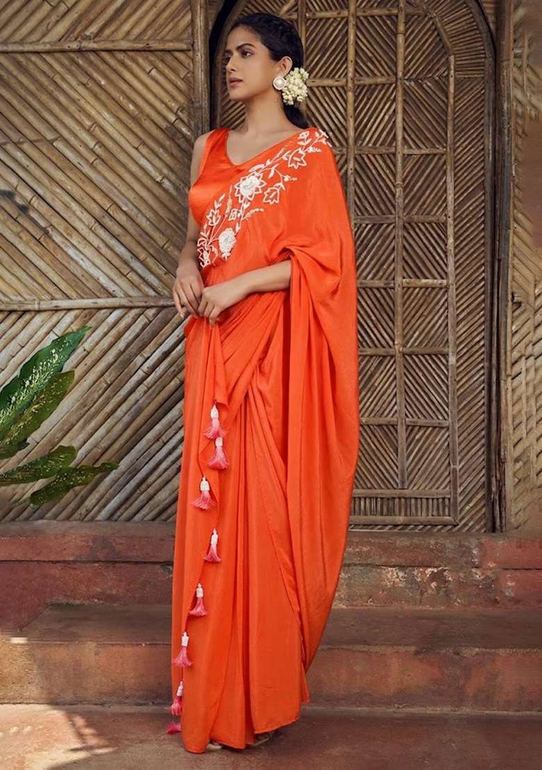 Bright Orange Hand Work Embroidered Pre Draped Saree Set - Indya
