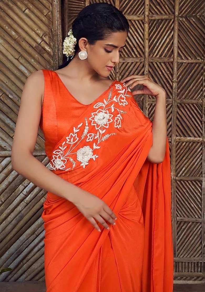 Bright Orange Hand Work Embroidered Pre Draped Saree Set - Indya