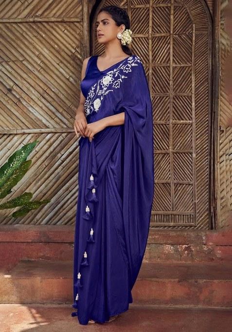 Violet Hand Work Embroidered Pre Draped Saree Set