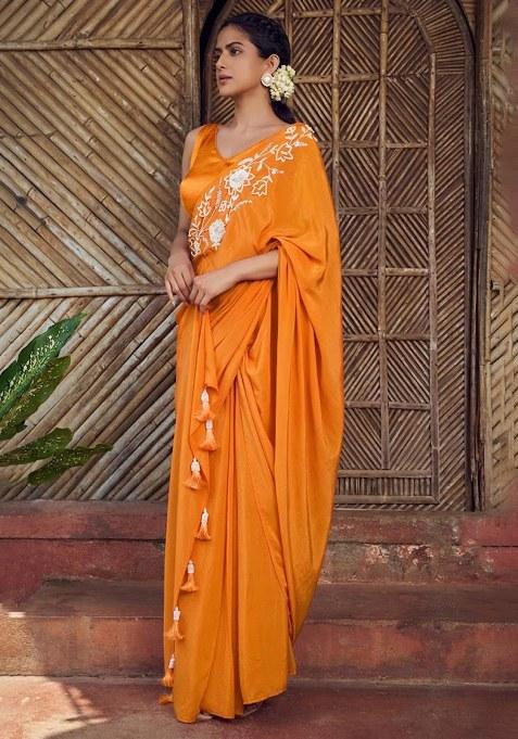 Yellow Hand Work Embroidered Pre Draped Saree Set