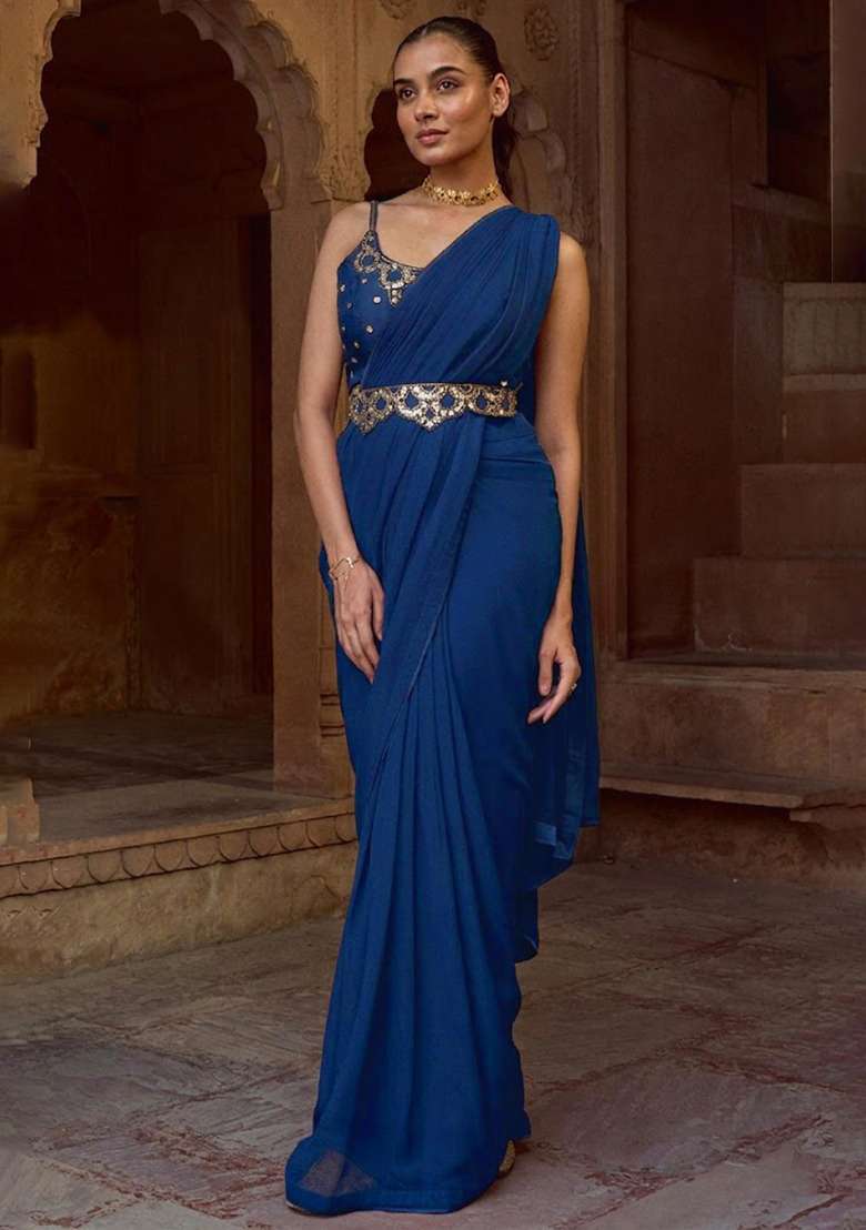 Blue Hand Work Embellished Pre Draped Saree Set - Indya