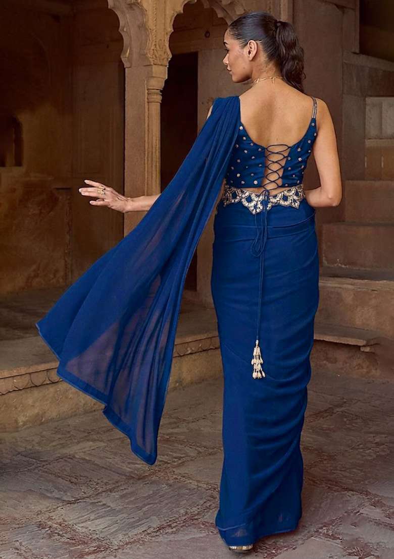Blue Hand Work Embellished Pre Draped Saree Set - Indya