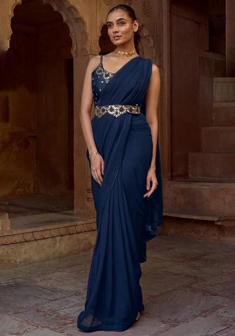 Blue Hand Work Embellished Pre Draped Saree Set