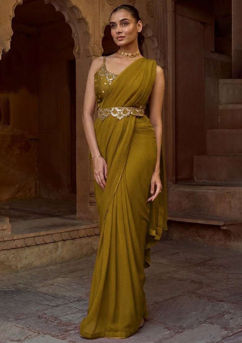 Olive Green Hand Work Embellished Pre Draped Saree Set - Indya