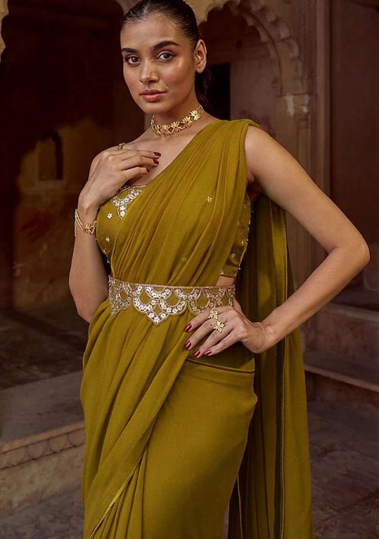 Olive Green Hand Work Embellished Pre Draped Saree Set - Indya
