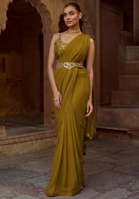 Olive Green Hand Work Embellished Pre Draped Saree Set