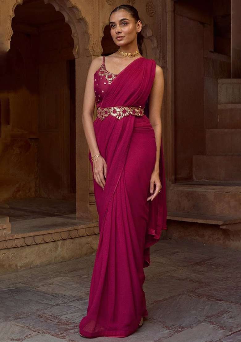 Pink Hand Work Embellished Pre Draped Saree Set - Indya