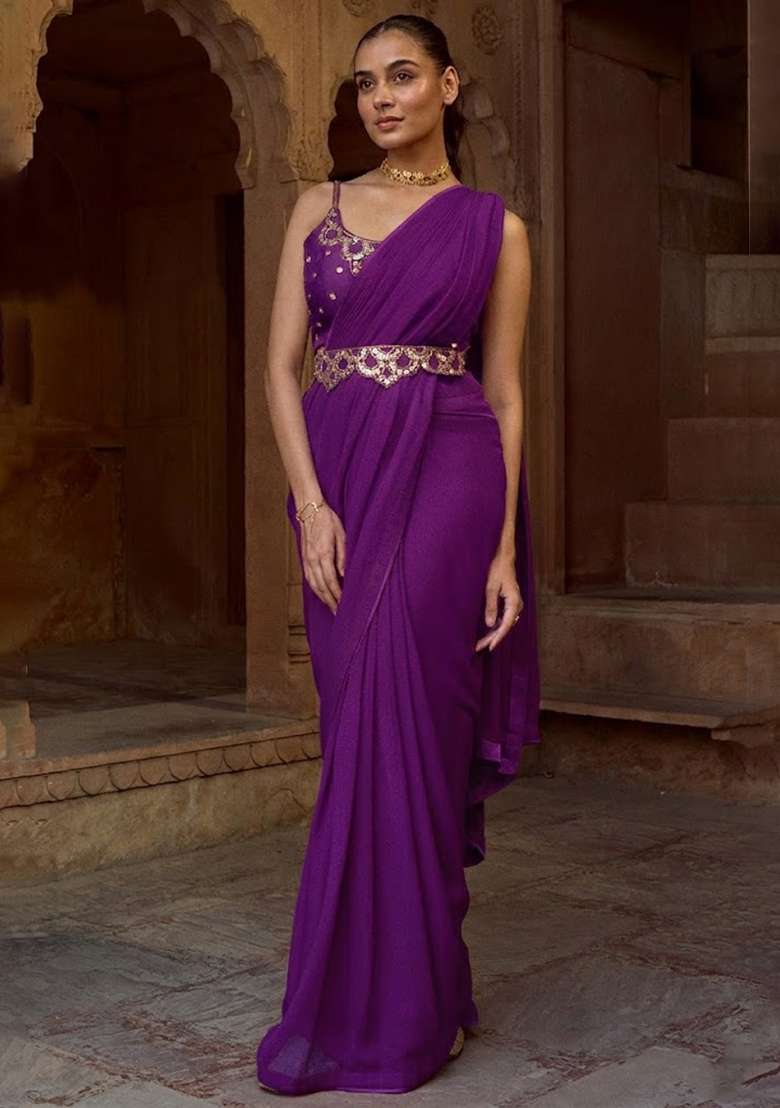 Purple Hand Work Embellished Pre Draped Saree Set - Indya