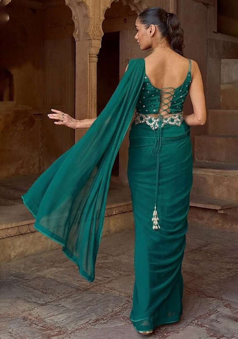 Teal Green Hand Work Embellished Pre Draped Saree Set - Indya