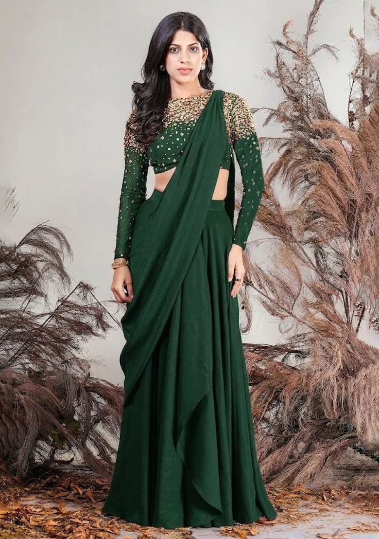 Green Hand Work Embellished Pre Draped Saree Set - Indya