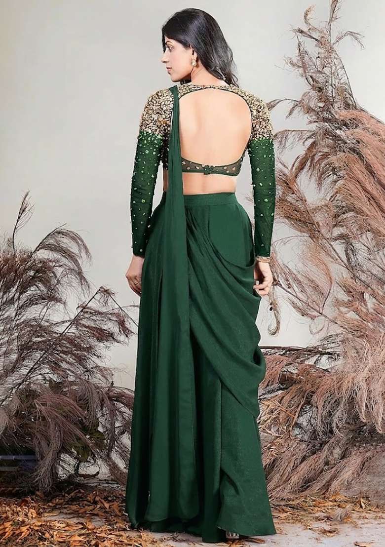 Green Hand Work Embellished Pre Draped Saree Set - Indya